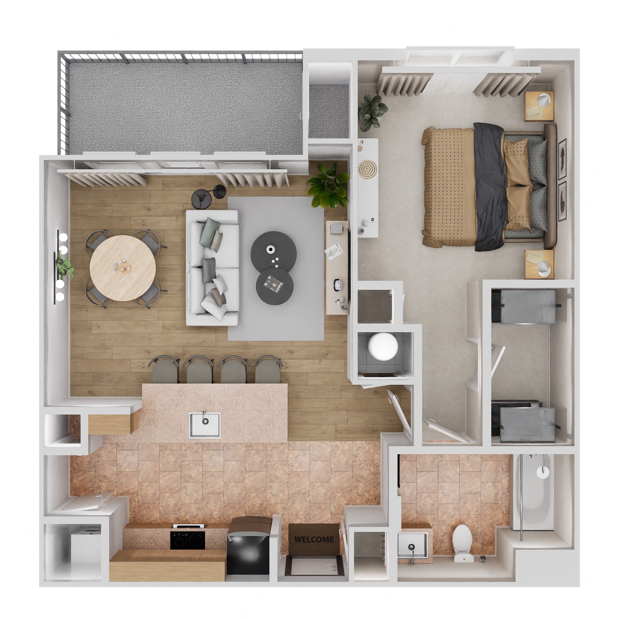 Floor plan for 1 bed, 1 bath, 798 sqft